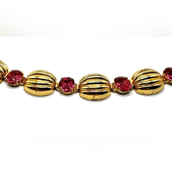 Vintage Czech Pink Stone Fluted Dome Goldtone Bracelet - Picture 10 of 10